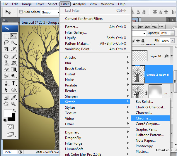 Golden apple tree. Magic scene. Adobe Photoshop Tutorial.